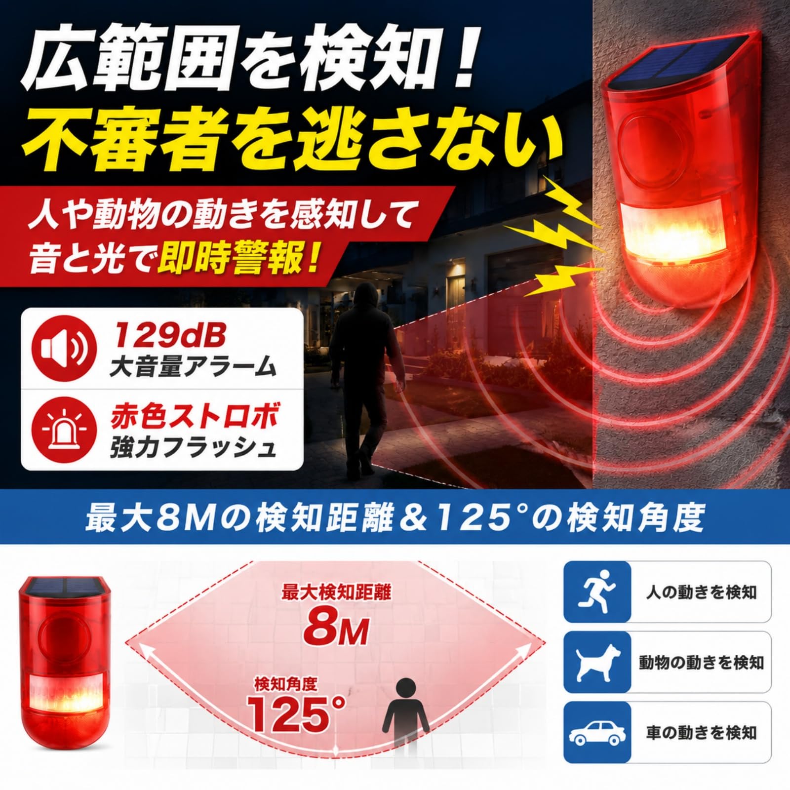 Amazon.co.jp : 防犯ブザー ソーラー警告灯 2 個 屋外用 赤外線